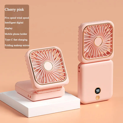 3-in-1 Mini Portable Fan Hanging Neck Fan Handheld Fan & Foldable Mirror with Power Bank, Compact & Portable for Summer Sports