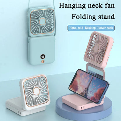 3-in-1 Mini Portable Fan Hanging Neck Fan Handheld Fan & Foldable Mirror with Power Bank, Compact & Portable for Summer Sports